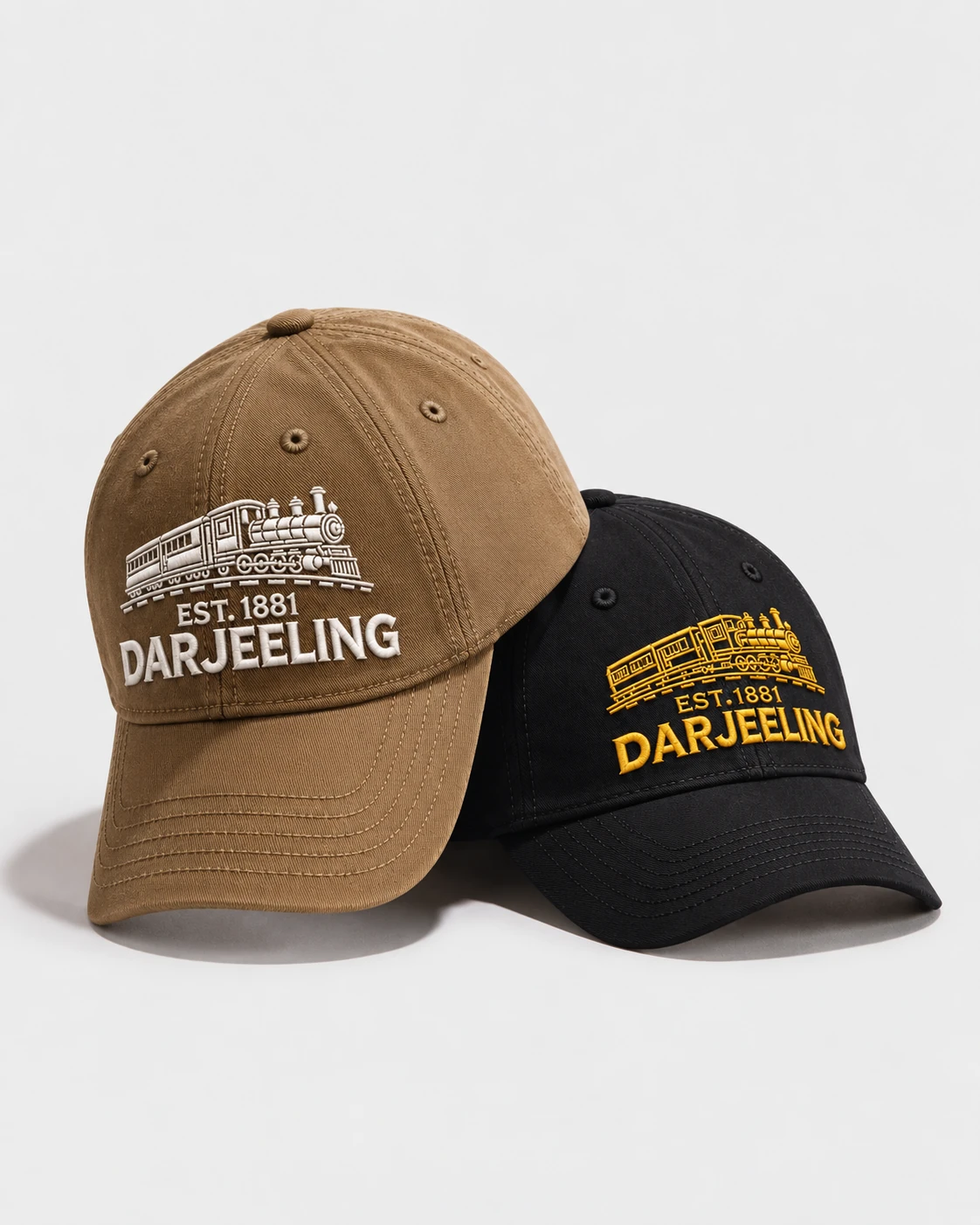 Black and Khaki Darjeeling caps with train embroidery