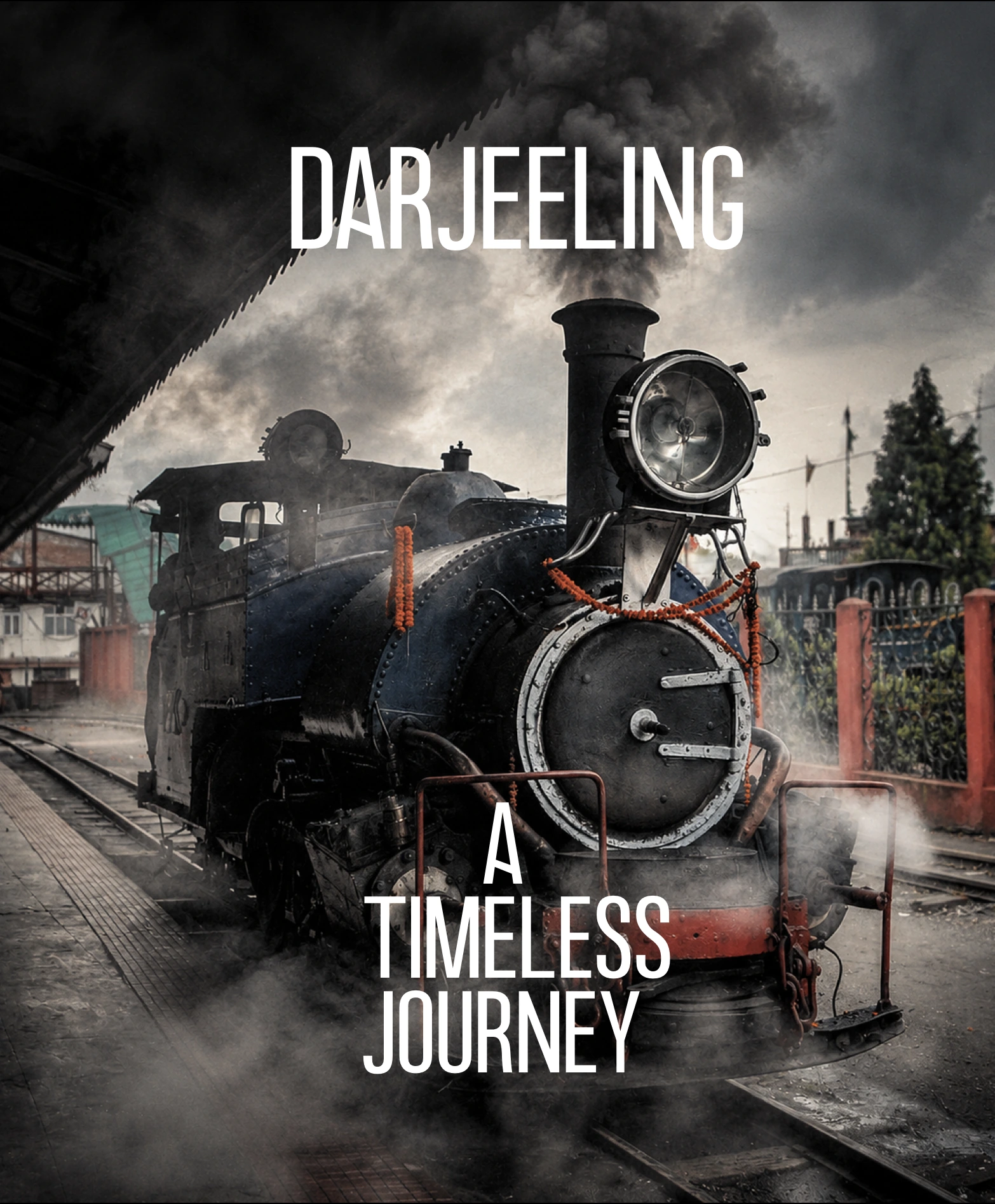 A steam locomotive at a Darjeeling station beneath the words Darjeeling — A Timeless Journey.